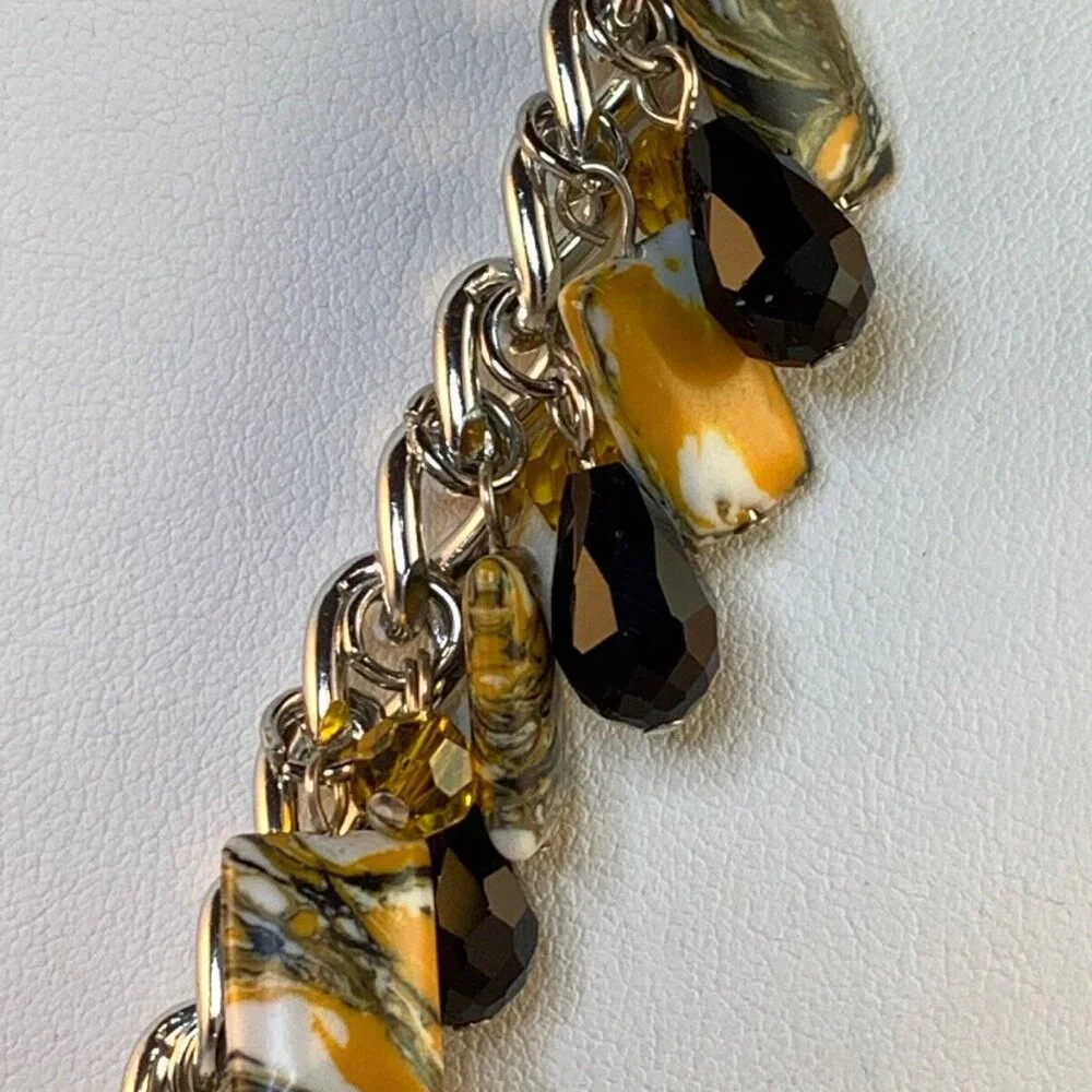 Silver Tone Curb Chain Bib Necklace With Tiger Striped & Crystal Beads (NA111) - Picture 3 of 4